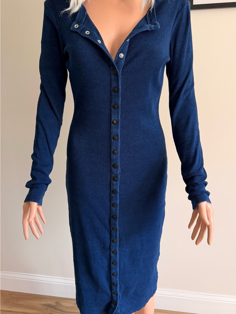 Guess Navy Ribbed Button-Front Long Sleeve Midi Dress